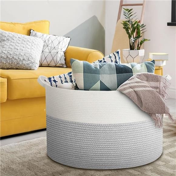 Large Woven Rope Basket With Handles Basket  (23.6”x14.1”), XXXL, Grey